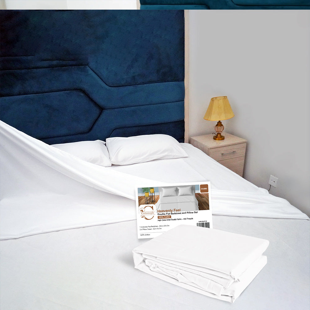 Luxury White 100% Cotton 400TC Flat Bedsheet Set - Hotel Quality King & Double Sizes