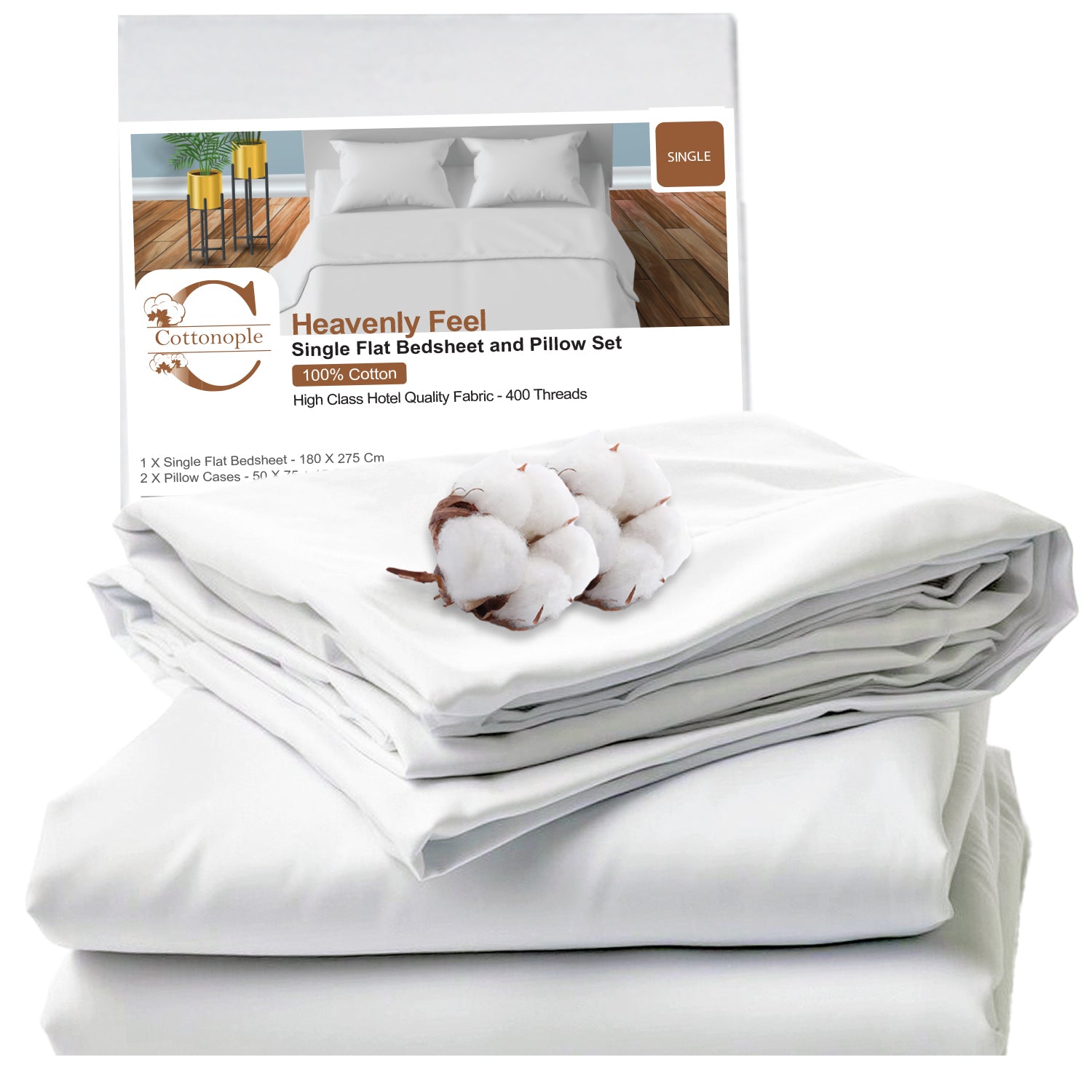 Luxury White 100% Cotton 400TC Flat Bedsheet Set - Hotel Quality King & Double Sizes