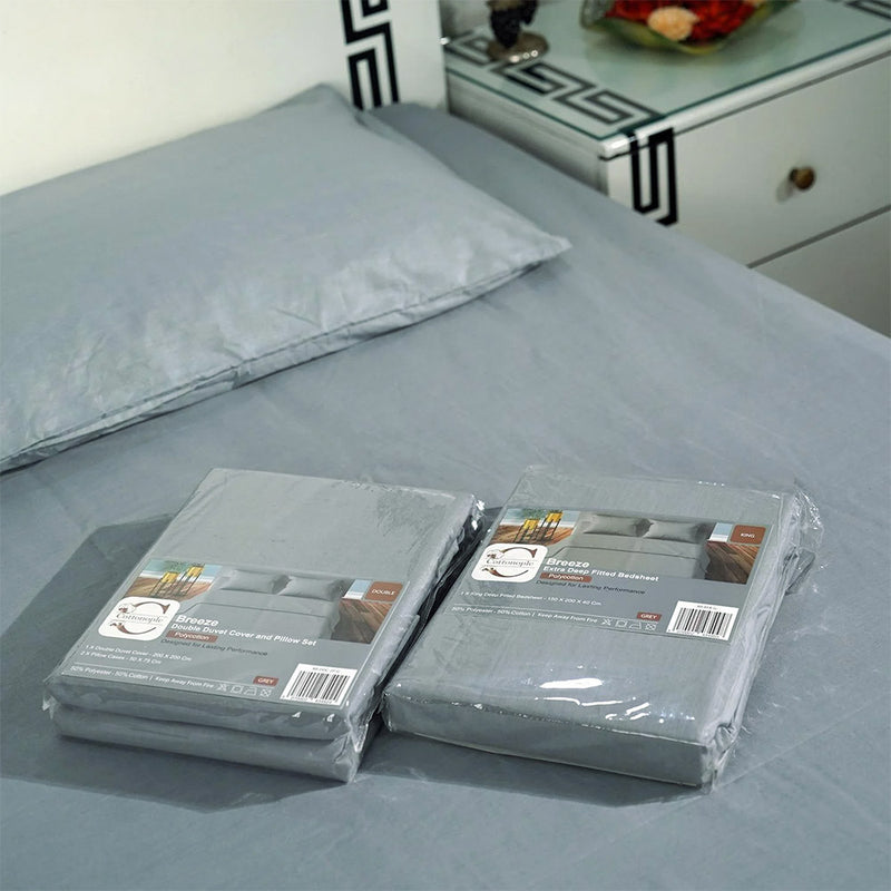 High Quality Polycotton Fitted Bedsheet Set with Pillowcases-3 Sizes, 2 Colors (Grey & White)
