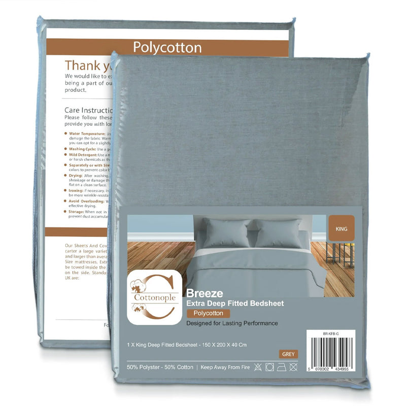 High Quality Polycotton Fitted Bedsheet Set with Pillowcases-3 Sizes, 2 Colors (Grey & White)