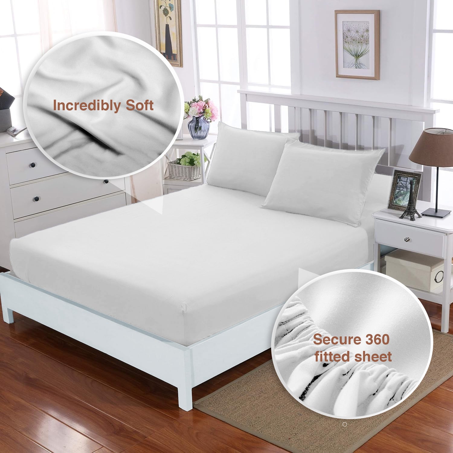 3 Piece Extra Deep Pocket King Fitted Sheet - Ultra Soft Polycotton White Breathable Bed Sheet (150x200+40cm) with 2 Pillowcases(50x75) - Hypoallergenic Fade Resistant Bedding